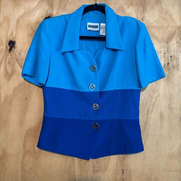 Vintage 80s Prophecy Sag Harbor Short Sleeve Blue Suit Short Sleeve Blazer Sz 8 - Picture 1 of 7